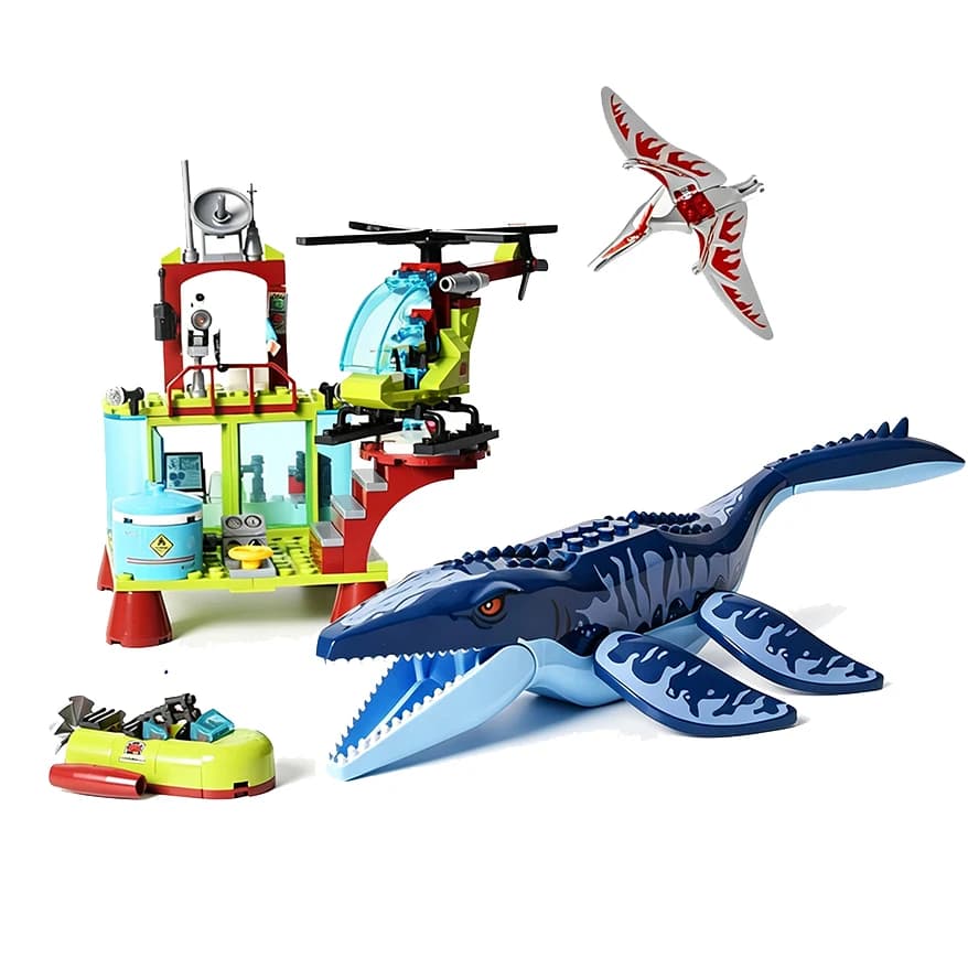 Dinosaur World Serie di film Blocchi di costruzione Marche compatibili Set di mattoni Stazione di ricerca Mosasaurus Giocattoli per regali per bambini