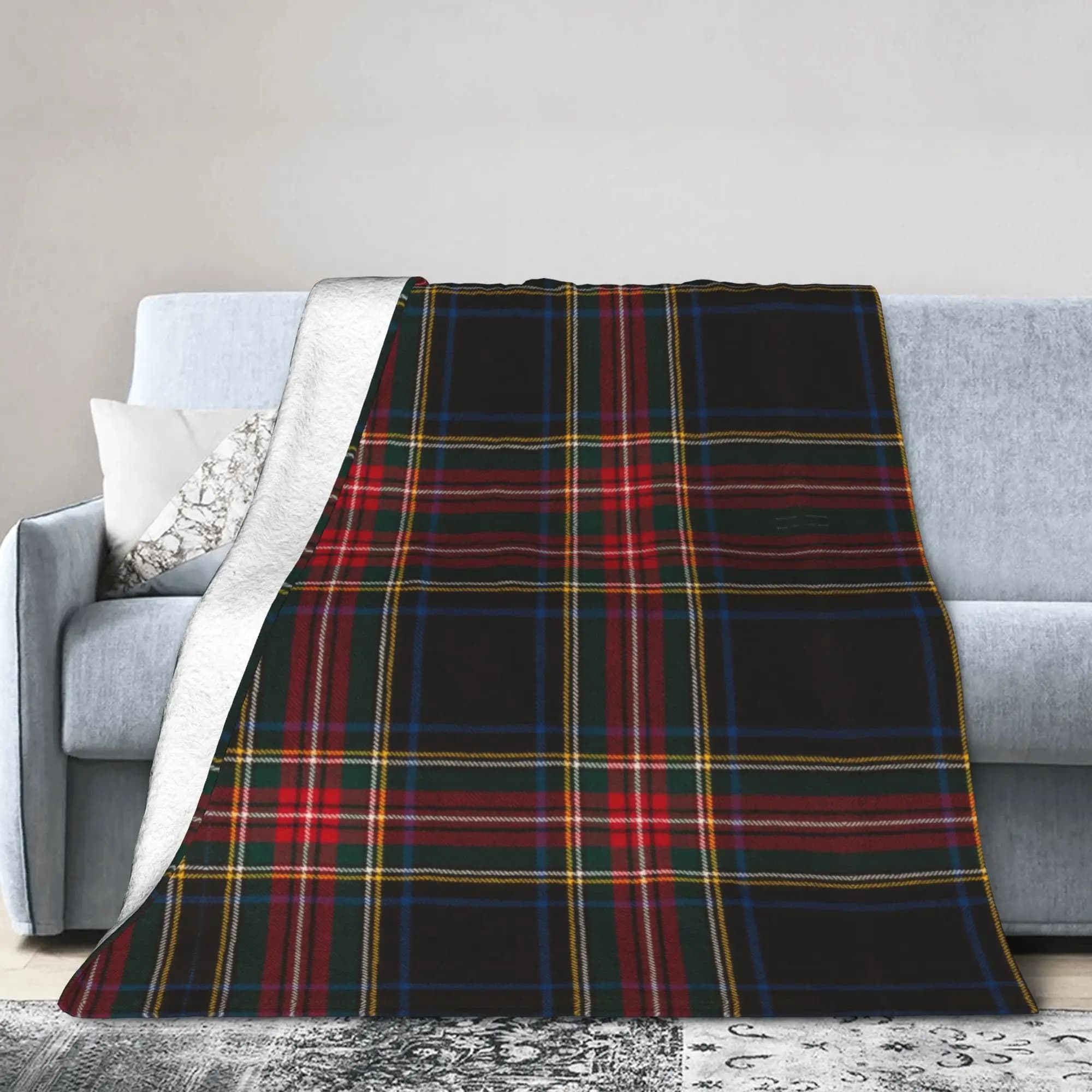 Plaid Stewart Black Tartan Blanket Flannel Decoration Portable Lightweight Thin Throw Blanket for Bed Bedroom Rug Piece