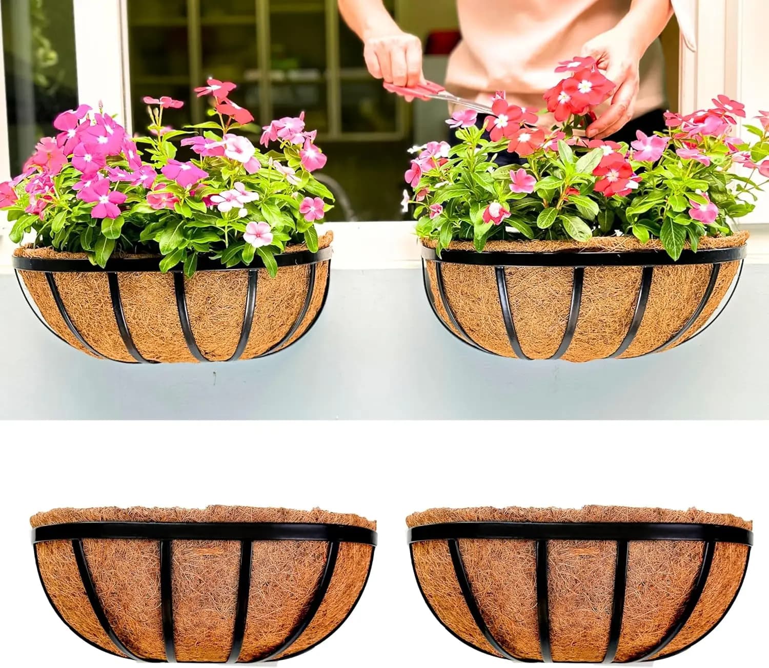 Fioriere in Metallo da 16 Pollici, Set da 2 con Rivestimenti in Fibra di Cocco per Piante da Esterno, Fioriera da Finestra, Vaso per Erbe da Balcone e Giardino