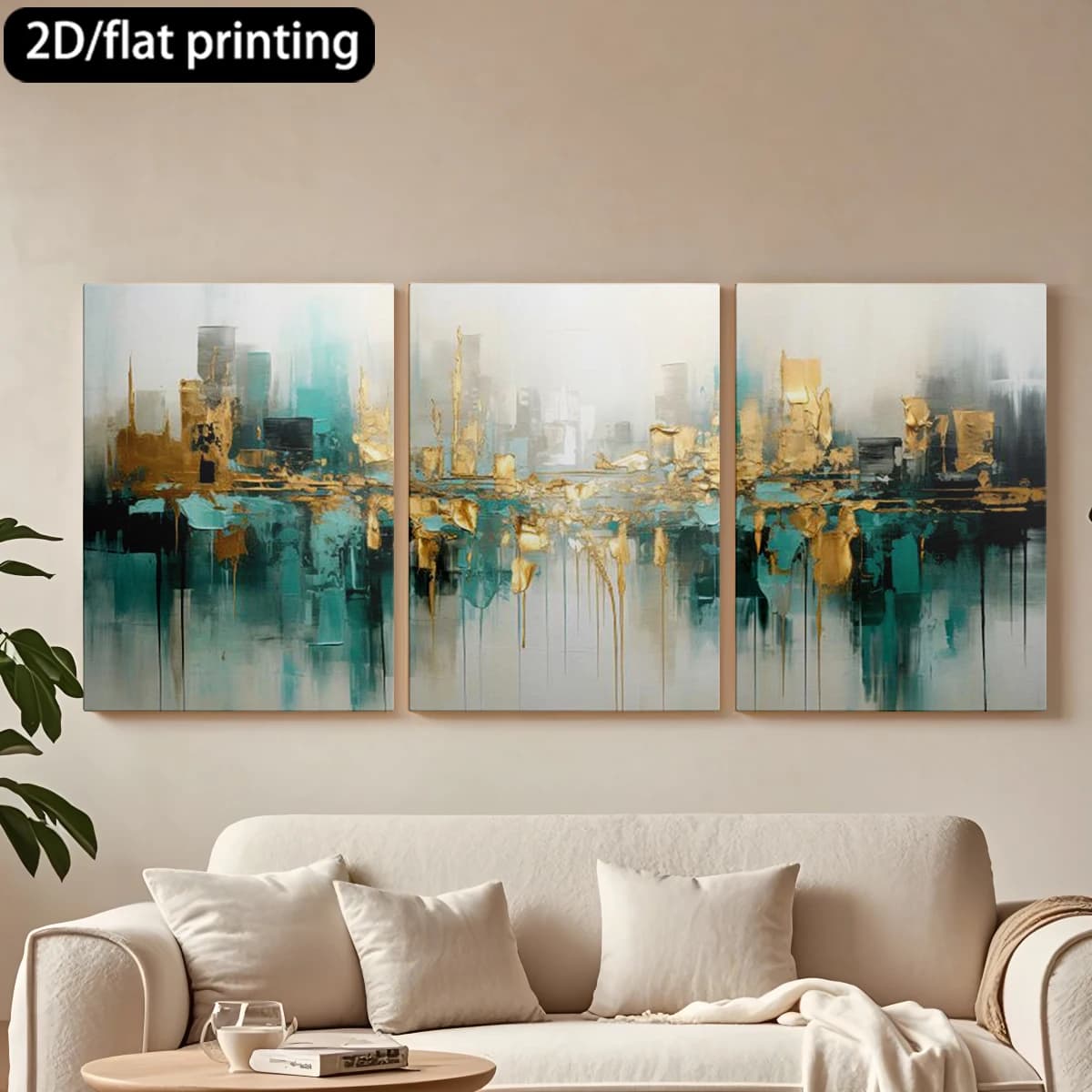 Decorative painting on canvas with wooden frame, 3 pieces. Abstract urban landscape, green gold accents water. Tende per camera da letto ikea.