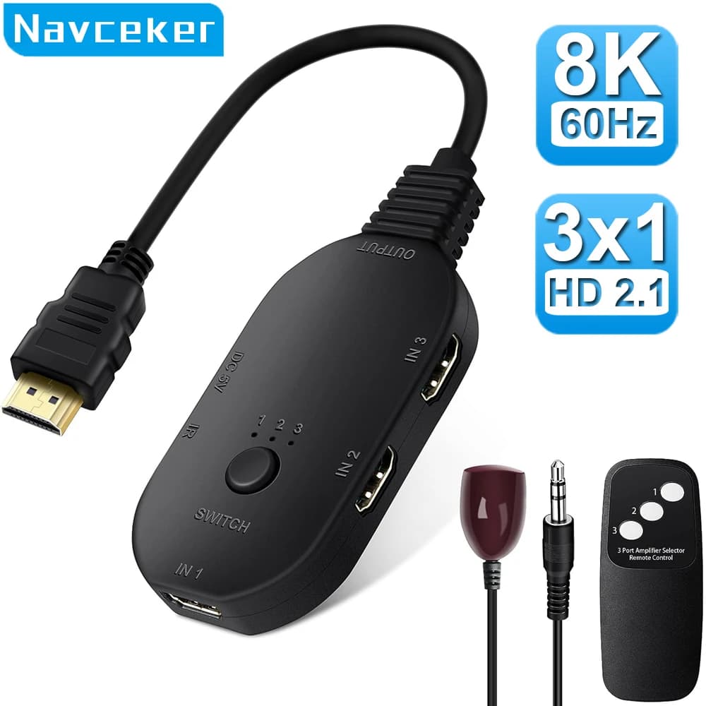 Navceker HDMI 2.1 Switch Splitter 120Hz 3 ports HDMI 4K 120Hz Splitter Switcher 48gbps HDMI 2.1 Switch 8K remote control Dolby Vison