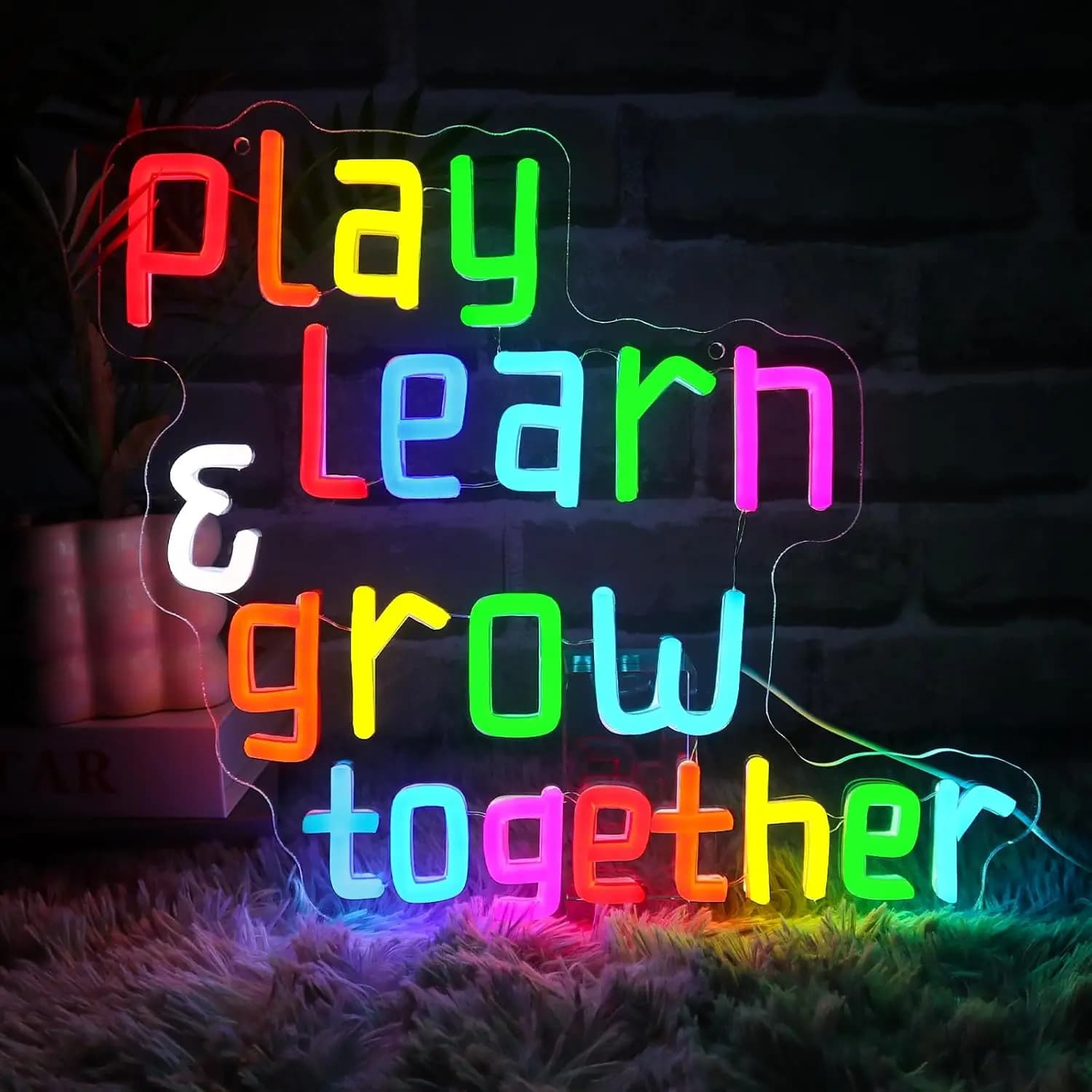 Insegna Luminosa al Neon 'Play Learn Grow Together' Alimentata USB, Luce LED al Neon per Aula, Sala Giochi, Festa, Negozio, Decorazione Camera da Letto, Regalo