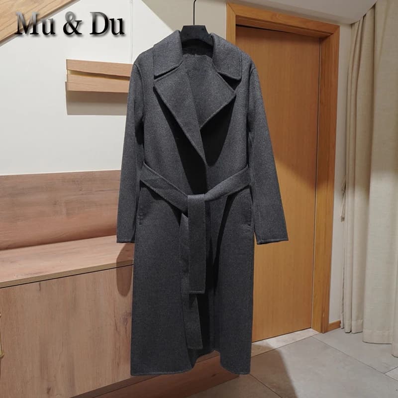 Original Elegant Wool Coat Women's Autumn Mid Length Adjustable Waist Long Winter Jacket Casual Long Sleeve Fashion Wool Coats