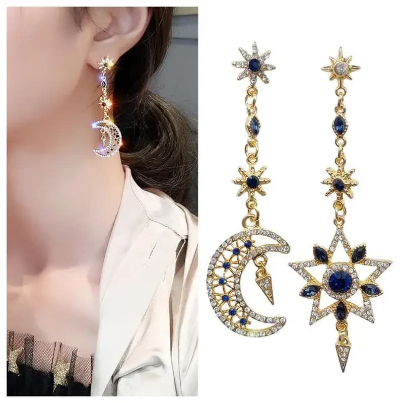 Eleganti orecchini asimmetrici con stella lunare Orecchini lunghi con nappa scintillante personalizzati
