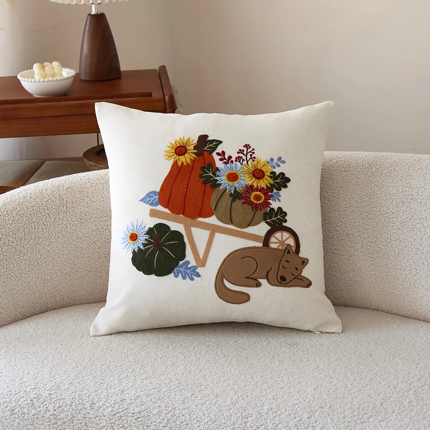 Fodera per cuscino decorativa con motivo gatto e zucca autunnale, floreale, per decorazioni domestiche e regali