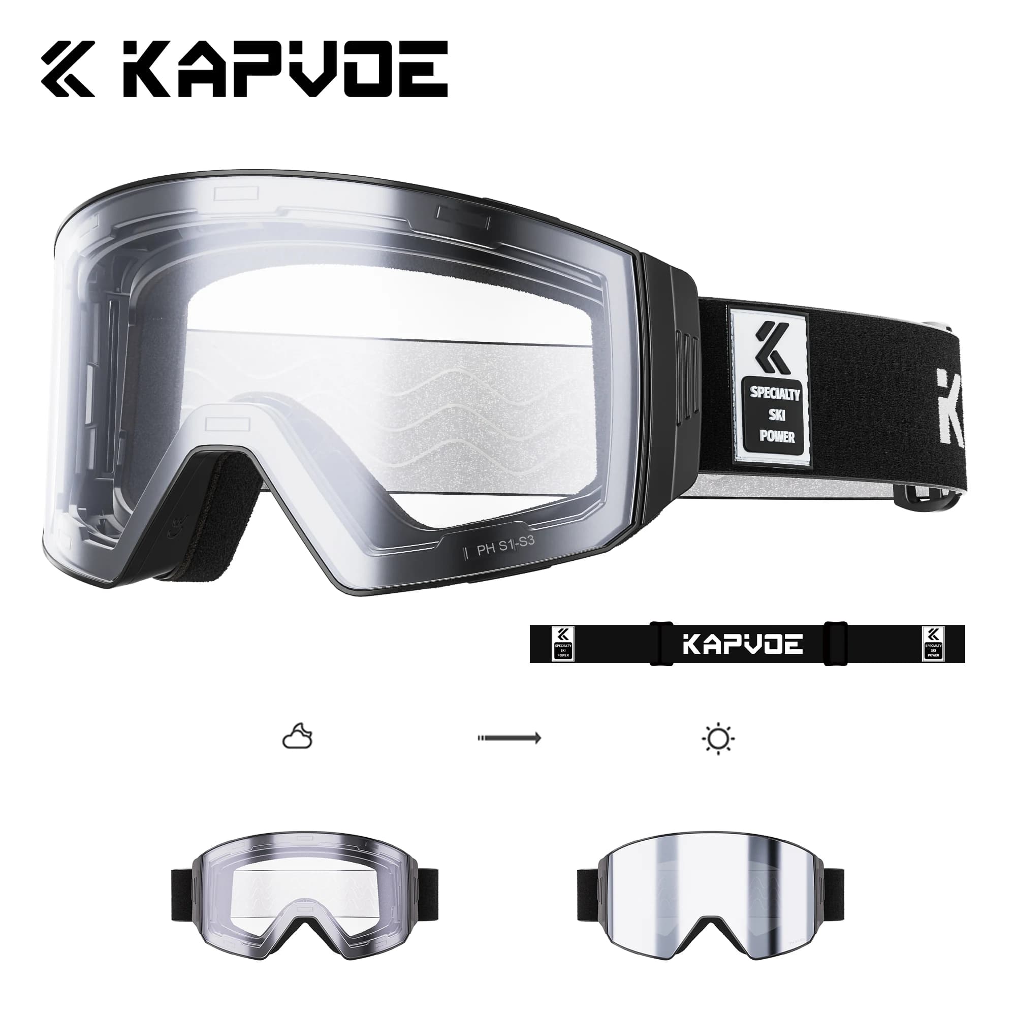 Kapvoe Skiing Eyewear Ski Goggles Photochromic Snow Goggles Ski Magnetic Anti-Fog Lenses UV400 Protection Men Women Sunglasses