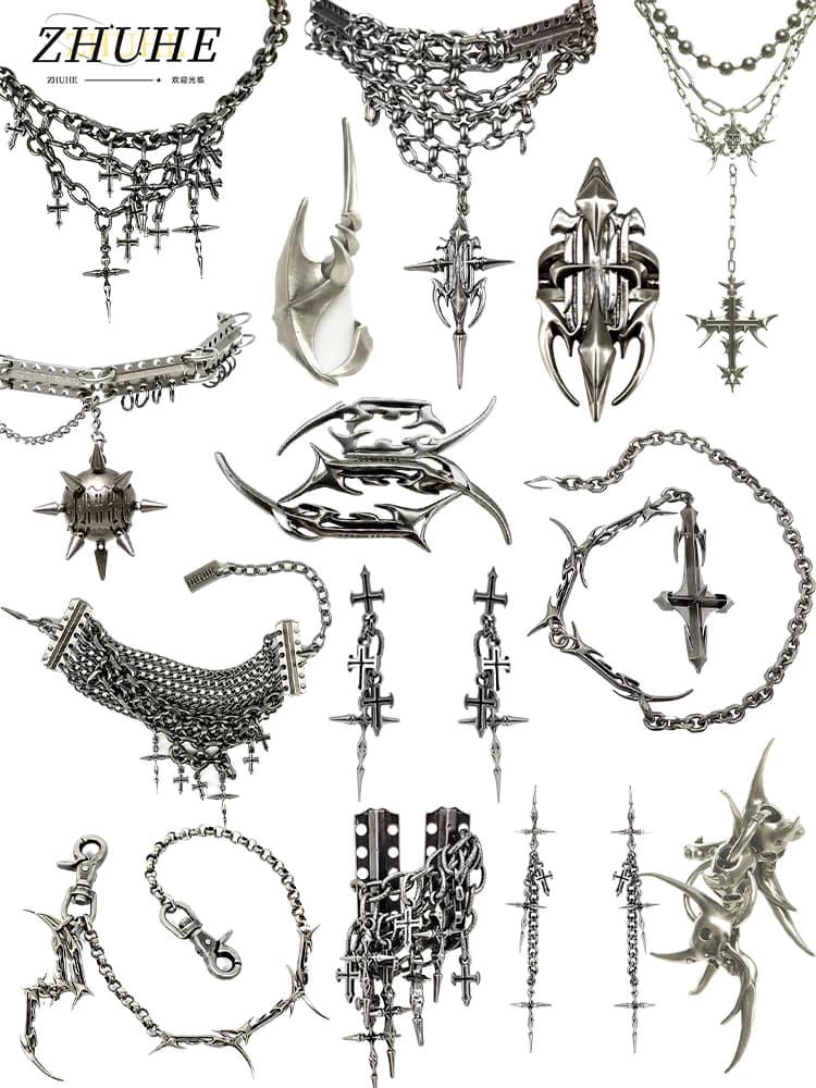 Gothic Cross Chain Jewelry Set for Women Men, Punk Statement Necklaces Rings Accessories, Edgy Party Jewelry Collection