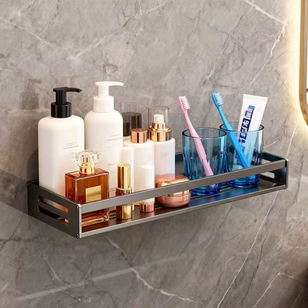 Mensola Angolare per Doccia Senza Foratura, Mensola da Bagno in Alluminio con Porta Asciugamani, Porta Shampoo, Portaoggetti per WC, Accessori da Bagno