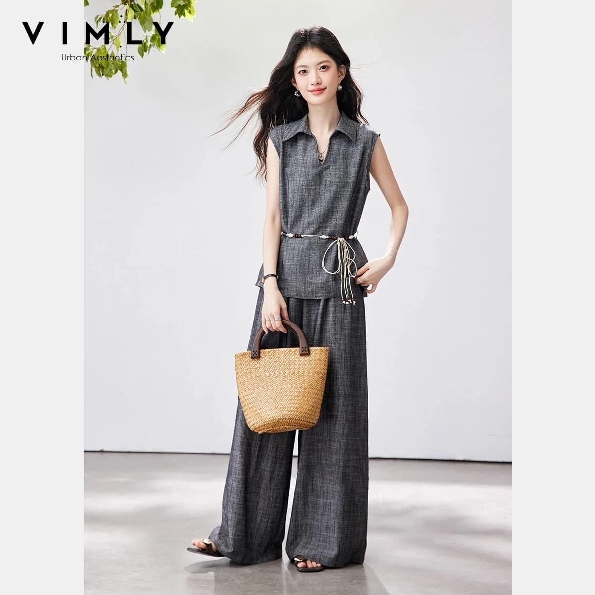VIMLY Completo Due Pezzi Stile Old Money Donna Estate 2026 Nuovo Top Grigio Senza Maniche con Cintura Staccabile e Pantaloni a Gamba Larga Casual 30817
