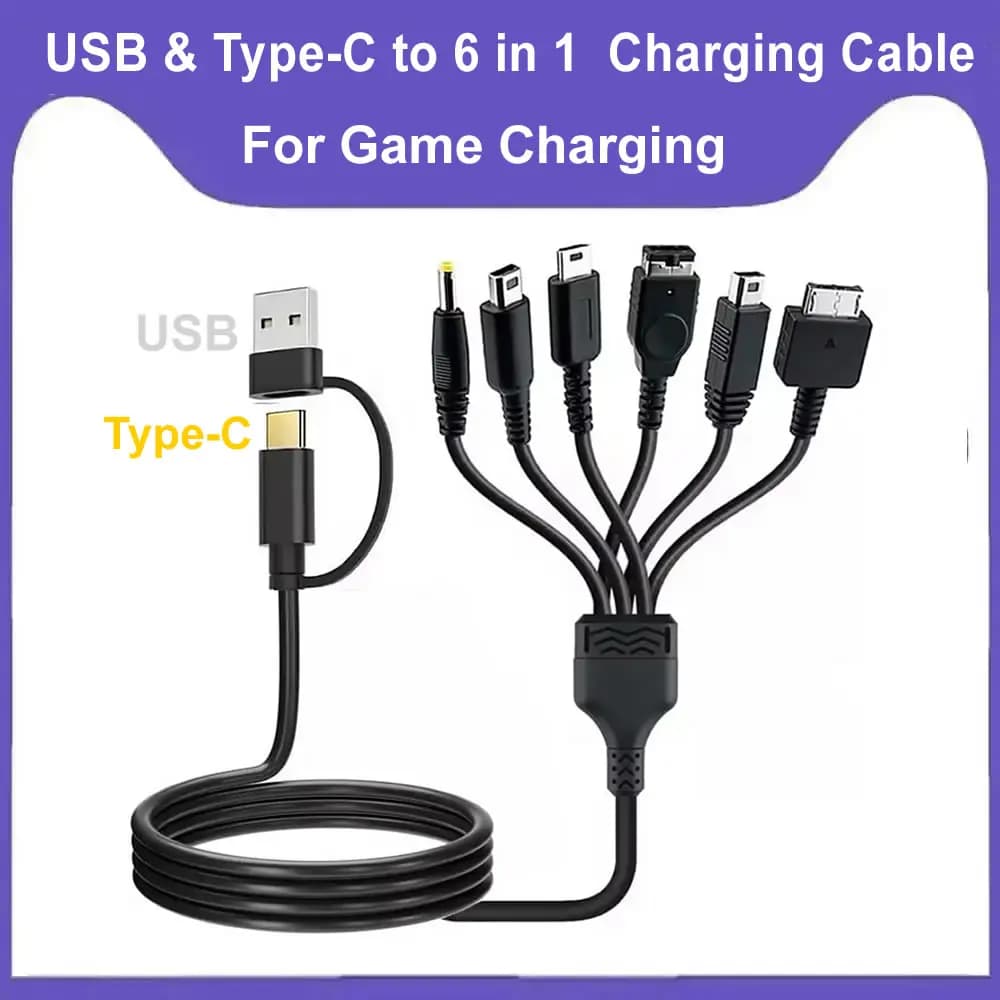5 6 in 1 USB C Tipo C Cavo di ricarica PD per NDS Lite / Wii U / Nuovo 3DS XL LL /2DS / GBA SP / PSP / PSV Cavi per caricabatterie da gioco
