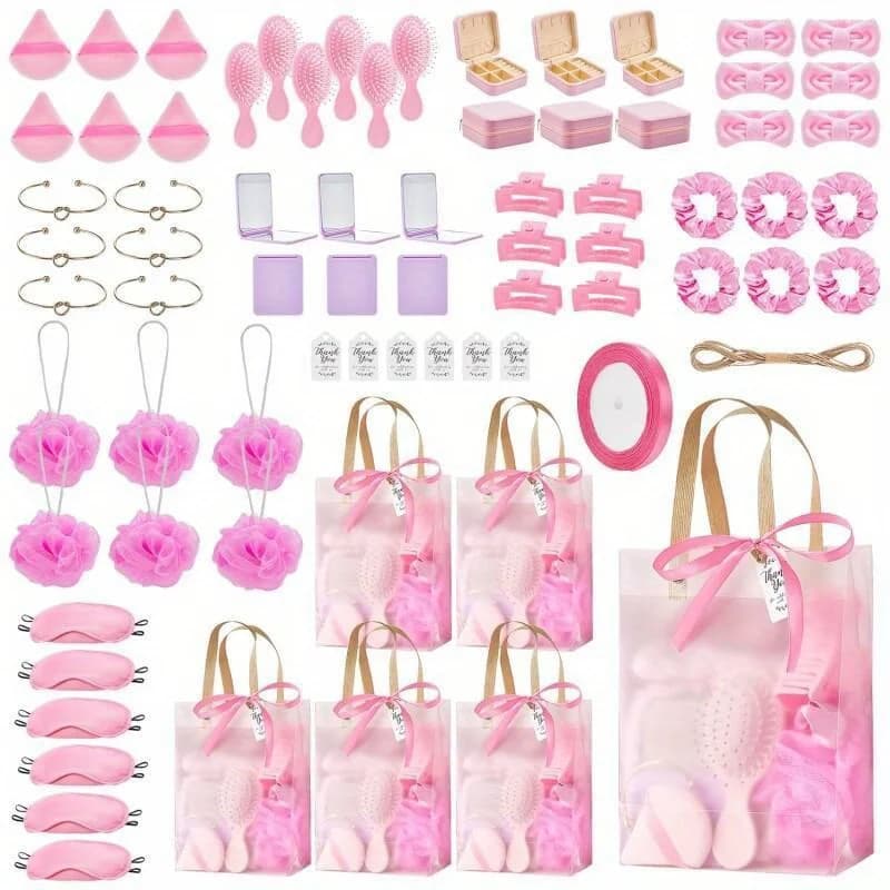 Set da 74 Pezzi: Fasce per Capelli, Spazzole, Portagioie, Braccialetti, Specchi, Piumini, Elastici per Capelli, Fermagli, Spugne da Bagno e Sacchetti Regalo