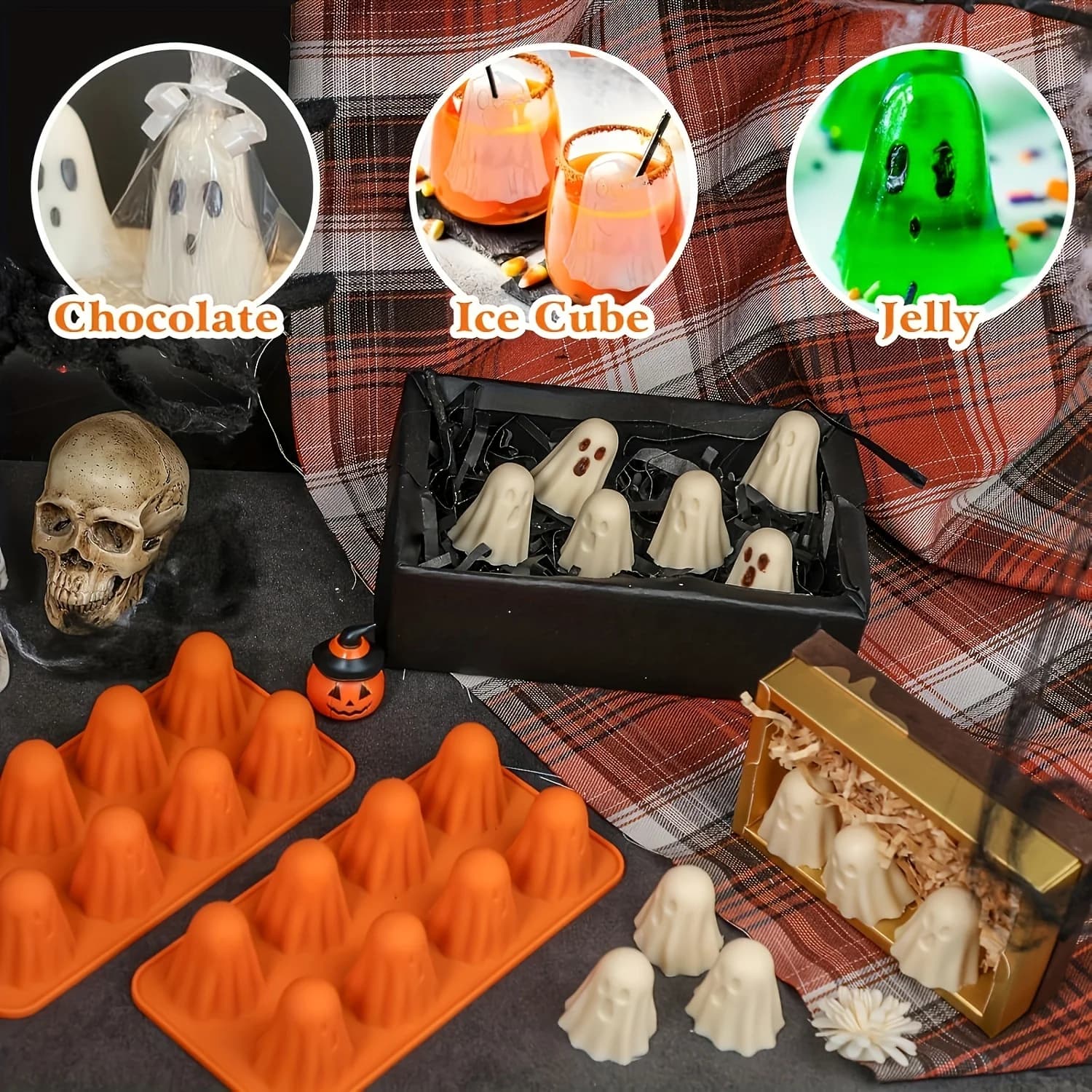 Stampo in silicone da 2 pezzi/1 pezzo, stampo per cubetti di ghiaccio, stampo per caramelle al cioccolato Stampo in silicone per Halloween per gelatina, cioccolato, caramelle, pastelli, resina