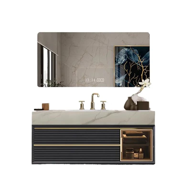 Bagno sospeso con armadietto a specchio intelligente montato a parete blu con scanalatura moderna