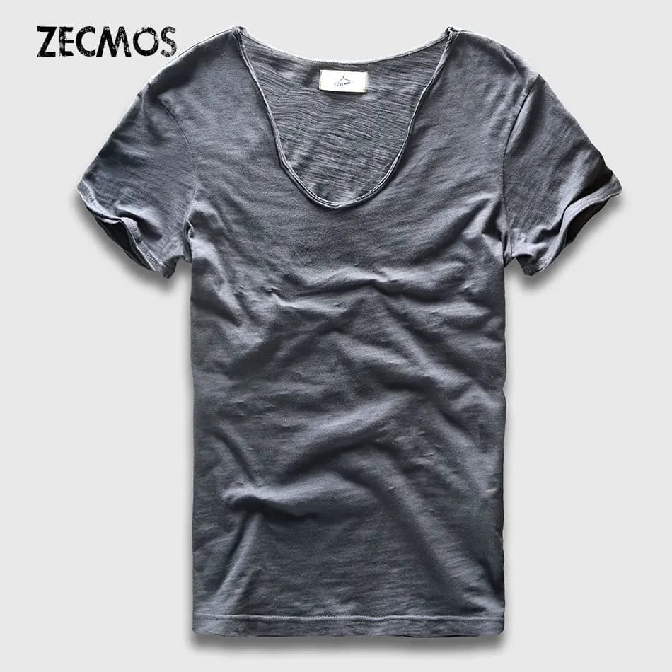 T-shirt basic da uomo in cotone solido con scollo a V Slim Fit T-shirt moda maschile Manica corta Top Tees 2017 Marca