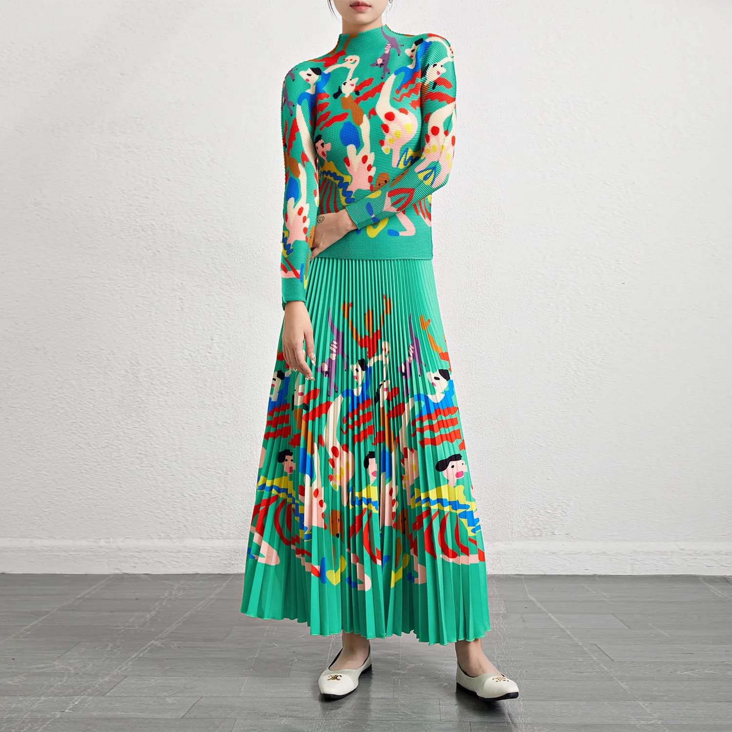 Elegante Completo Due Pezzi da Donna Taglie Forti: Top in Chiffon Stampato a Maniche Lunghe e Gonna Midi in Poliestere, Stile Commuter