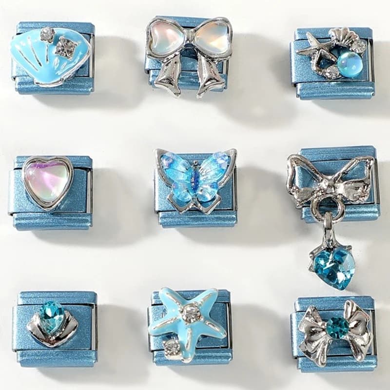 Women's Zircon Heart Bows Sky Blue Italian Charm Links Fit 9mm Stainless Steel Bracelet DIY Making Jewelry Gifts