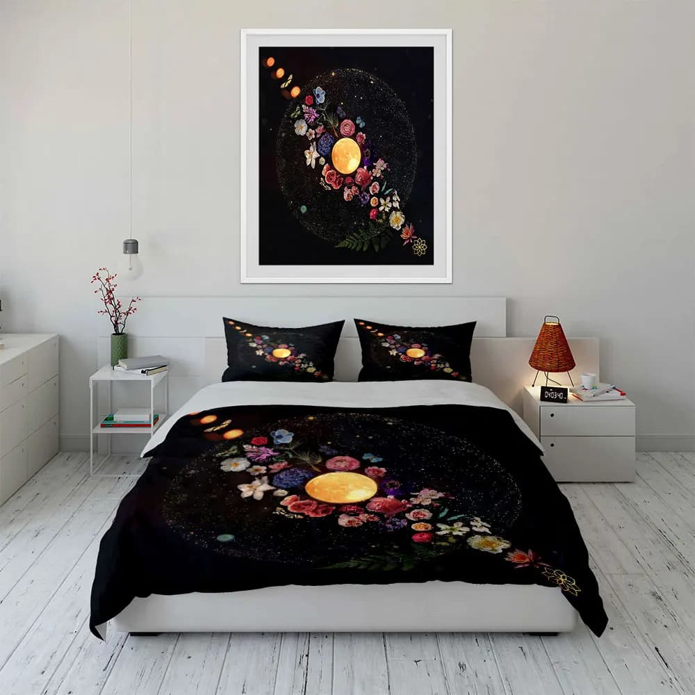 Set Decorativo Floreale Moonlight: Set Biancheria da Letto con 1 Copripiumino e 2 Federe, Singolo, Matrimoniale, King, Queen, Idea Regalo