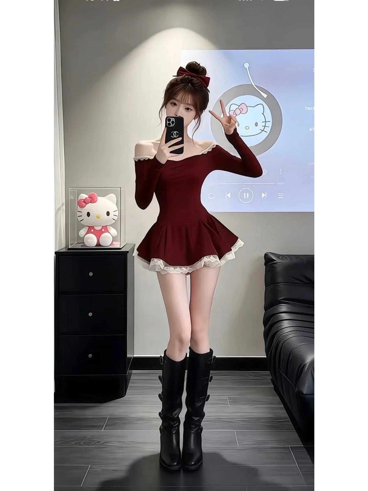 Abito da donna rosso con pizzo, monospalla, snellente, gonna a trapezio voluminosa, in poliestere, manica lunga, vita elasticizzata