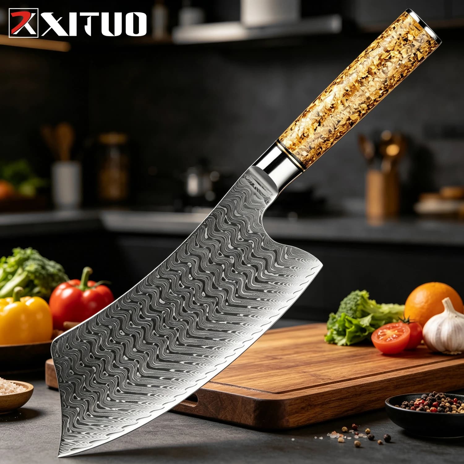Coltello da Cucina XITUO 7 Pollici in Acciaio Damascato, Affilato, Manico in Resina e Foglia d'Oro