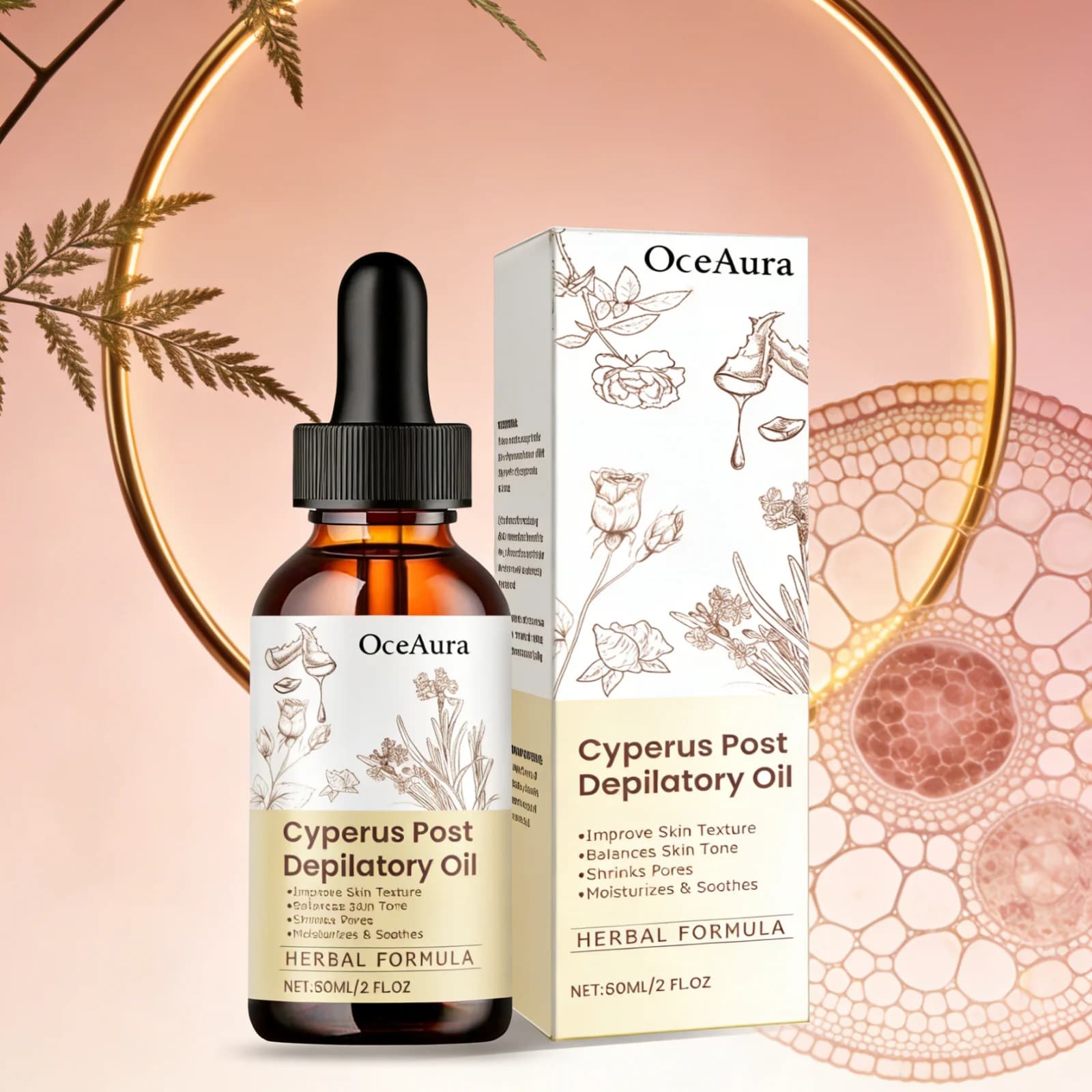 Olio di Cyperus Rotundus OceAura per la Cura della Depilazione, Inibitore della Crescita dei Peli, Idratante e Lenitivo per la Pelle, Olio Dopobarba per Donne