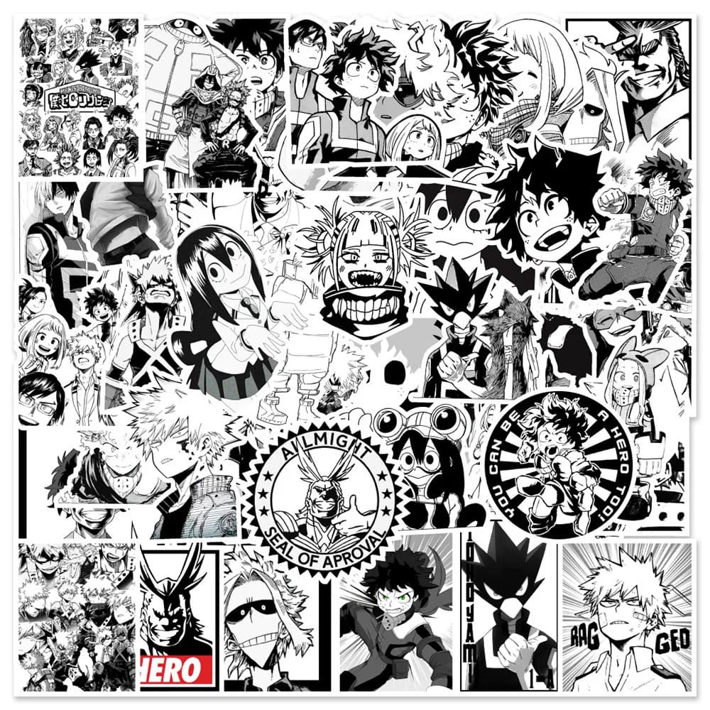 10/30/50 Pezzi Adesivi Anime My Hero Academia Bianco e Nero, Decalcomanie Manga Giapponesi, Adesivi Decorativi per Laptop, Notebook, Chitarra, Cartoni Animati
