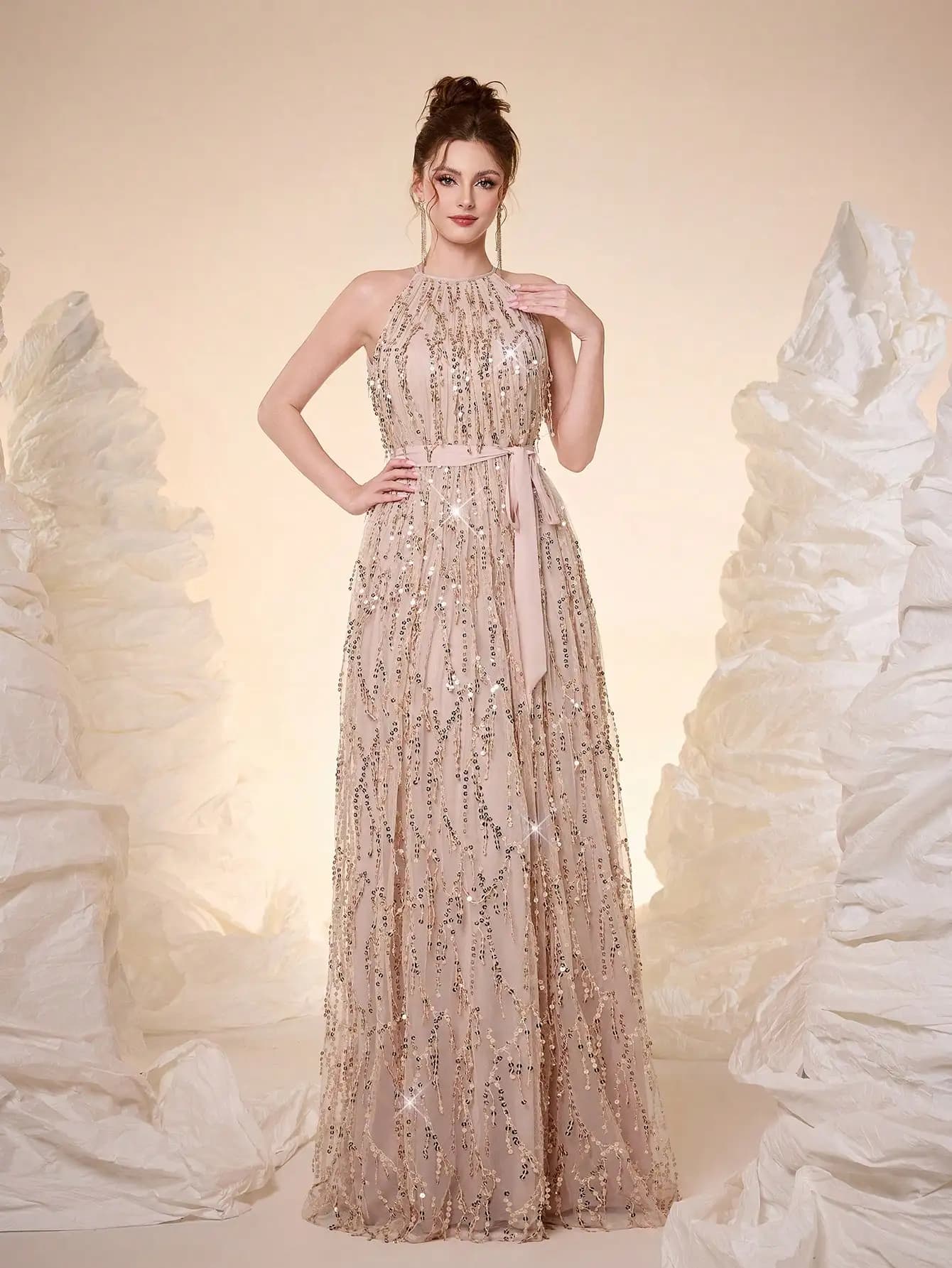 Mgiacy，New Arrival，Halter neck，Sequin，Elegant，Ball dress，belt，Lace up， Hollow Out，Long dress，FOR，Dinner party，Party Dress,Weddin