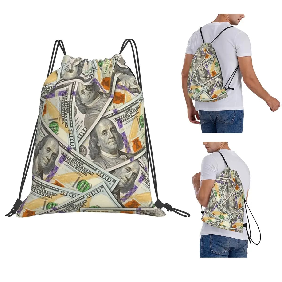 Giant Money Background 100 Dollar Bills Backpacks Portable Drawstring Bags Sports Bag Book Bags for Travel School
