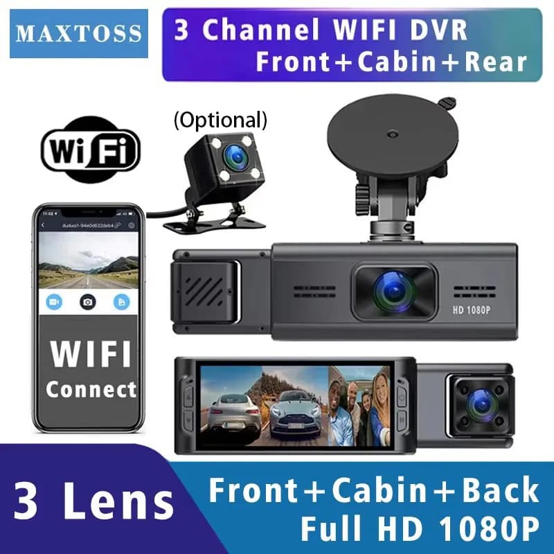 Telecamera Wifi a 3 canali Dash Cam per auto DVR FHD 1080P Dashcam a tre obiettivi Videoregistratore per veicoli Mini Dvr interni Scatola nera