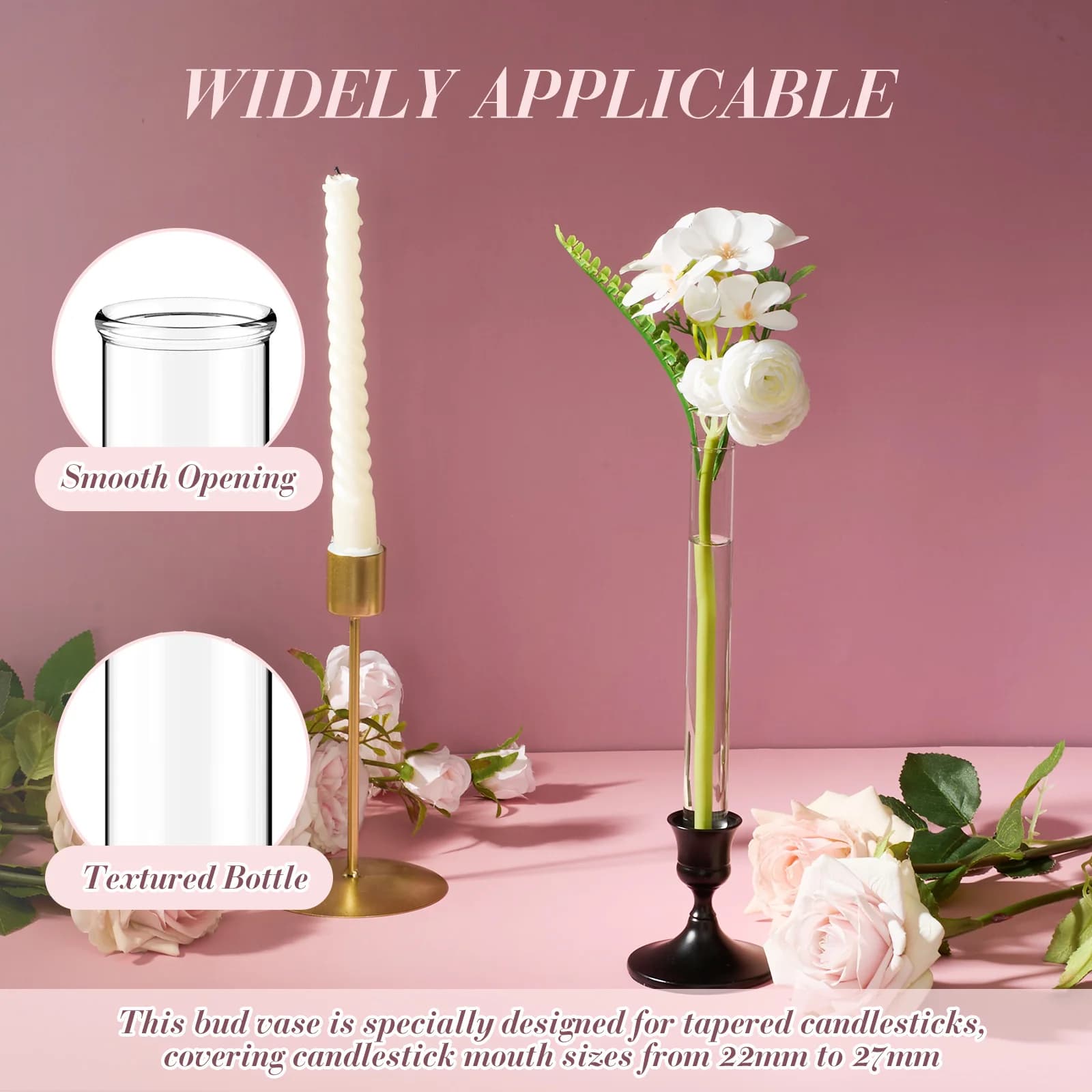 15 Pack 7.9 Glass Bud Vase Taper Candle Holder'S Bud Vase for Flower Candlestick Sizes from 22Mm to 27Mm Adjustable Designed Specially for Taper Candle Holder for Tablescapes, Wedding Decor