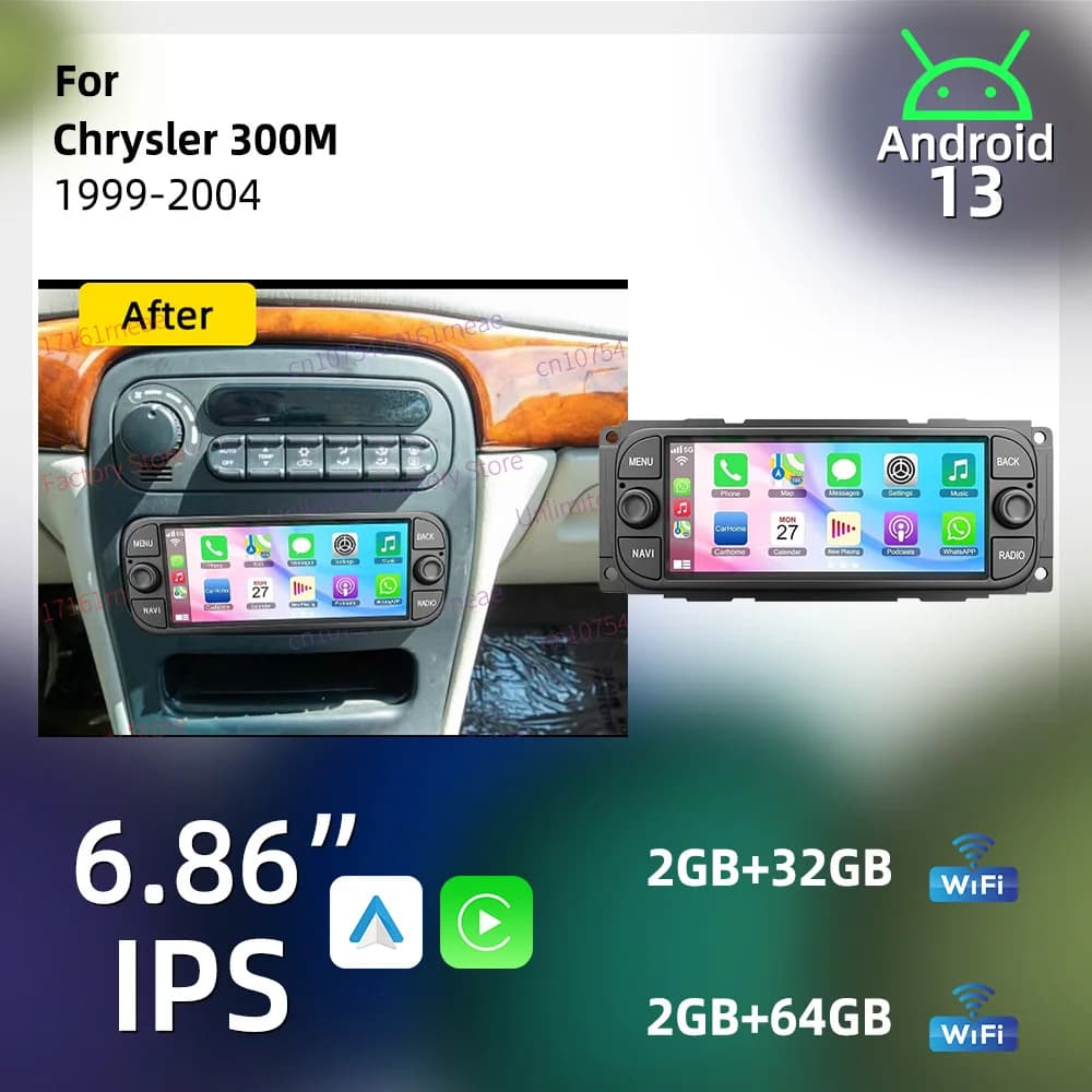 Wireless Carplay Android 13 Car Multimedia for Chrysler 300M 1999-2004 6.86" Screen Autoradio 1 Din Radio GPS Head Unit Stereo