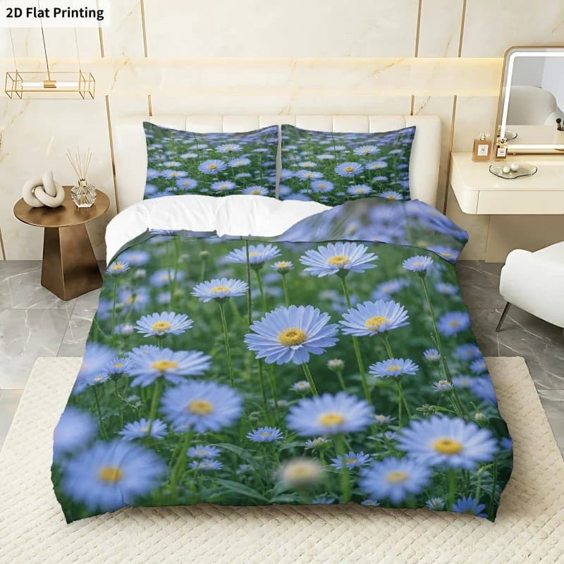 3PCS Duvet Cover, 1 Duvet Cover + 2 Pillowcases (Without Filler) Blue daisy Meadow