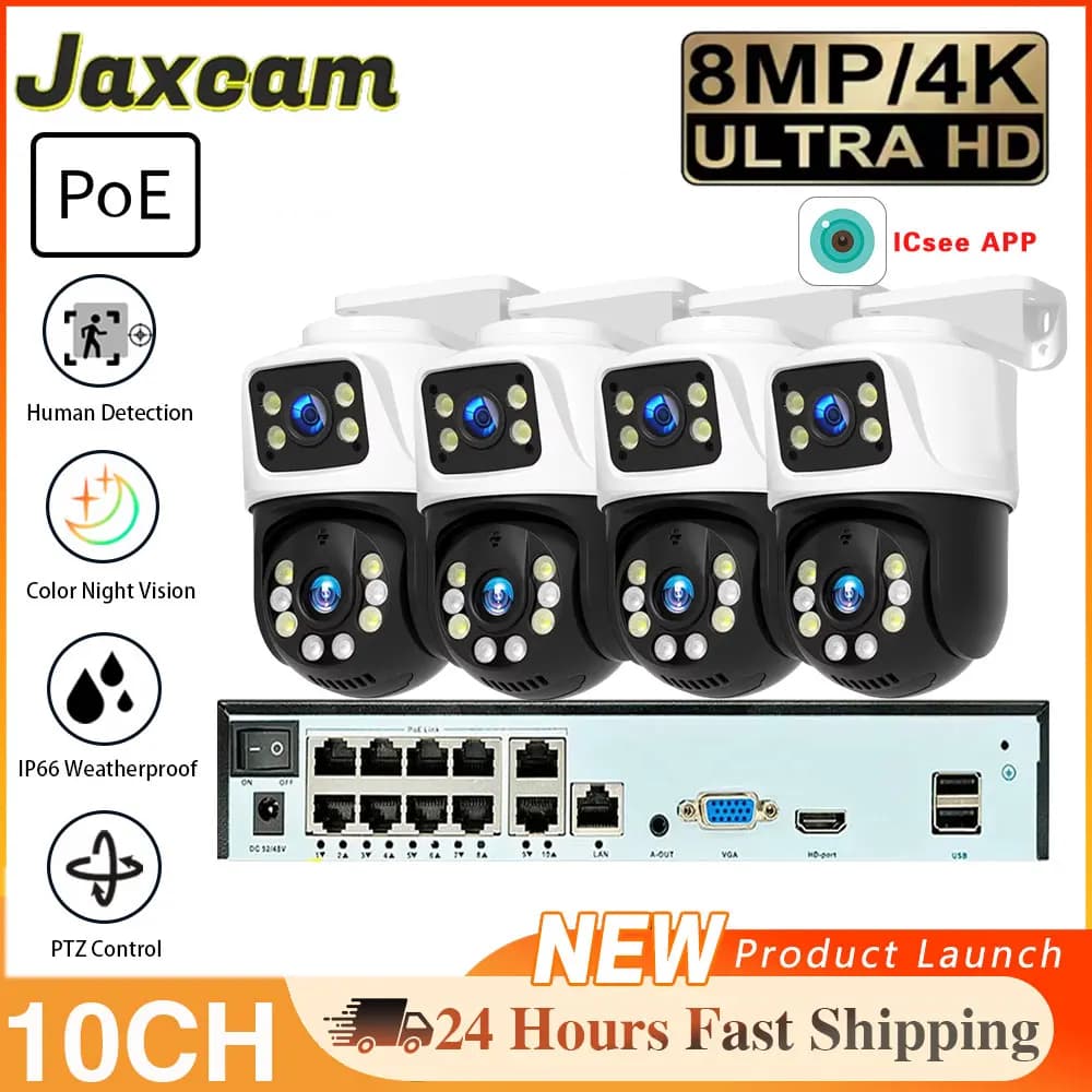 Kit di Videosorveglianza IP Domestica 10CH POE NVR 8MP HD con Rilevamento Umano, Telecamera PTZ a Doppia Lente, Sistema di Sicurezza H.265 CCTV XMeye