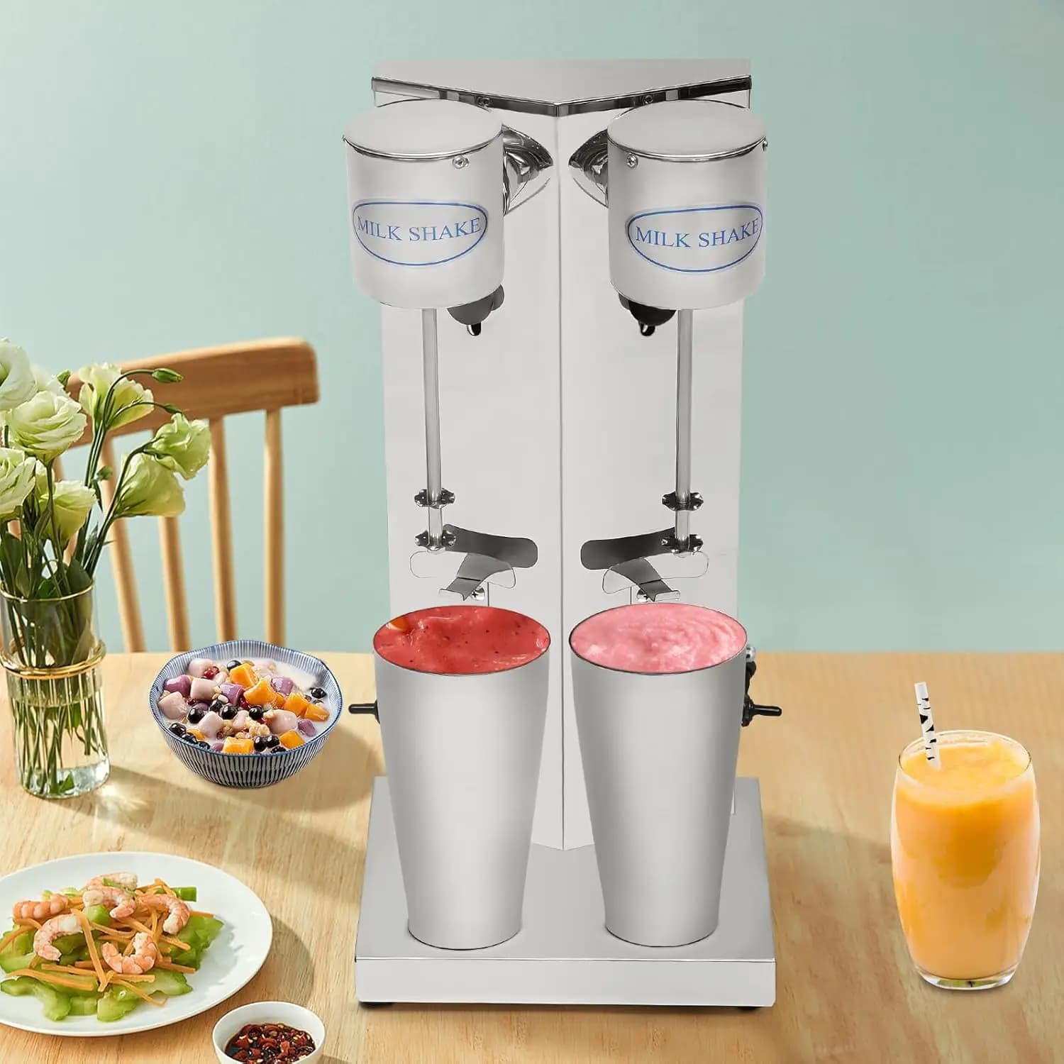 Commercial Double Head Stainless Steel Drink Mixer - 180W Electric Milkshake Machine, 16,000 RPM High-Speed Blender for Shakes,