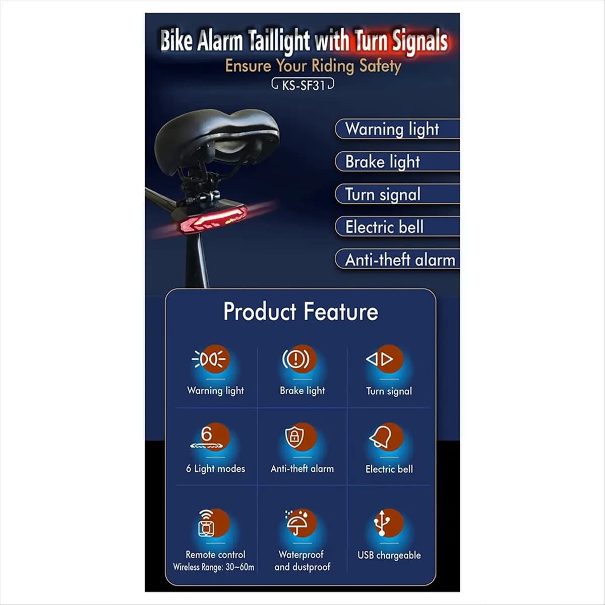 (ABDH) Wireless Backlight for Bicycle with Alarm and Remote Control, Rechargeable, for Bikes and Motorcycles