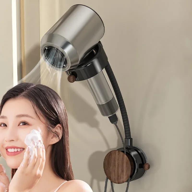 Wall-mounted hair dryer with 360 degree adjustable suction cup, hands-free bracket for hair drying, bath organizer