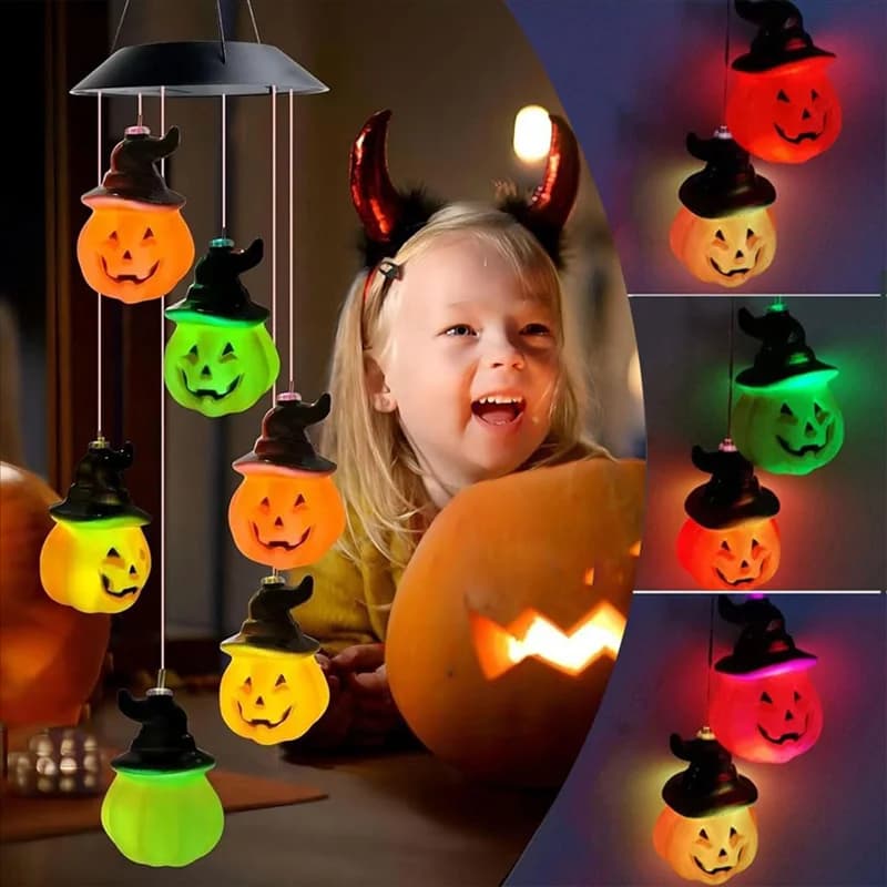 AB33-Halloween Pumpkin Solar Wind Chimes Pumpkin Solar Lights Wind Chimes Waterproof Hanging Pumpkin String Lights For Decor