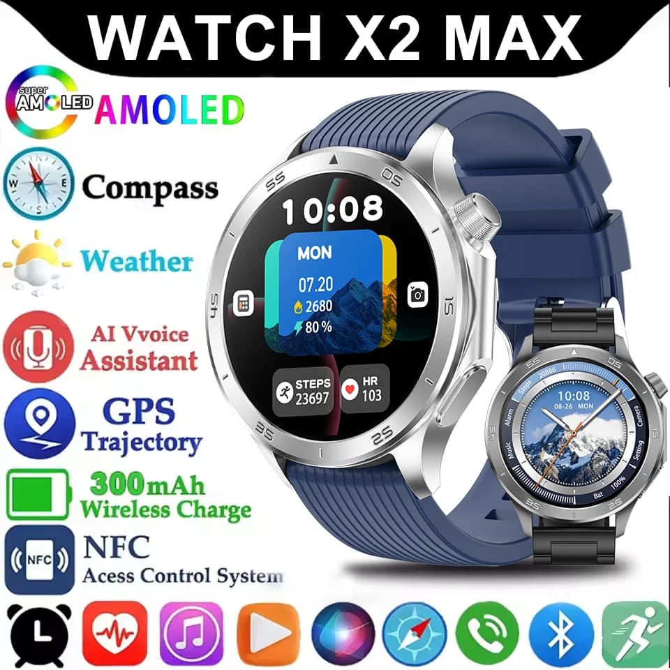 Nuovo Smartwatch X2 2026 con Chiamata Bluetooth, GPS, Fitness, Cardiofrequenzimetro, Assistente Vocale AI per Android e iOS