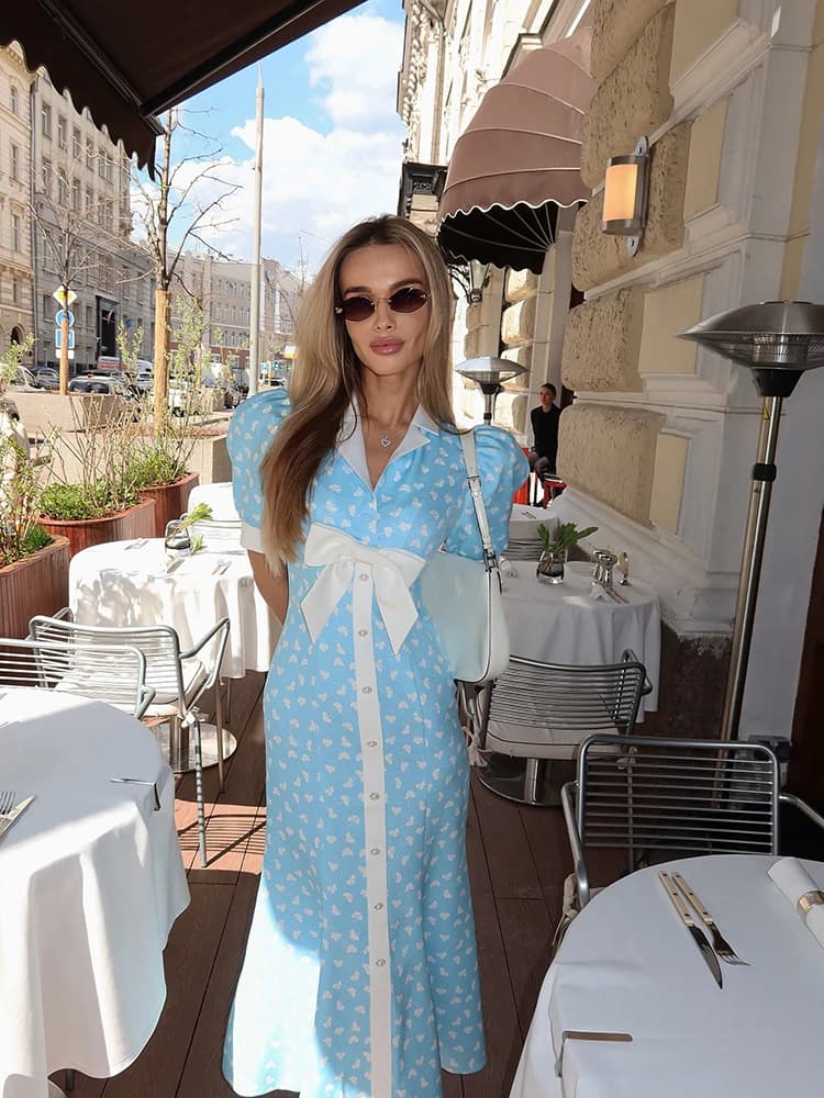 Casual Printed Long Bow Dress Women Chic V-Neck Short Puff Sleeve Waist-Closed Lady Dresses 2026 Holiday Summer Female Robe New