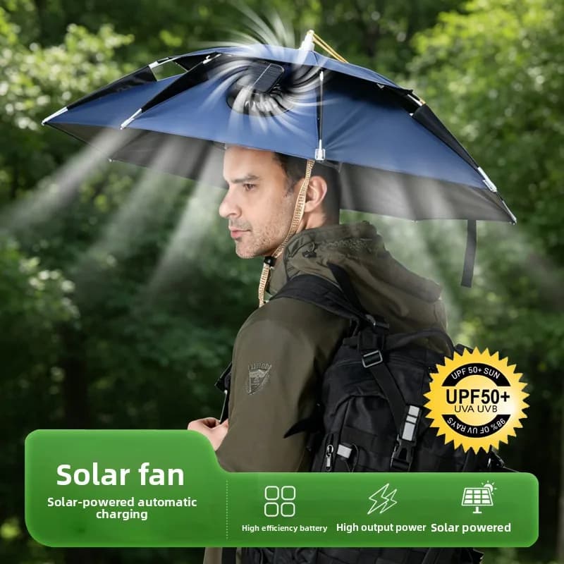 Solar Fan Fishing Umbrella Hat Headwear Rain Cap with 2 Layers Design Foldable Sun Shade Helmet for Outdoor Hands Free Parasol