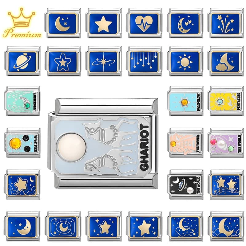 Ciondolo Charm Italiano Serie Tarocchi Fashion Drop Glaze Luna Blu Stella, Compatibile con Braccialetti da 9mm, Gioielli in Acciaio Inossidabile per Creazioni Fai da Te, Regalo