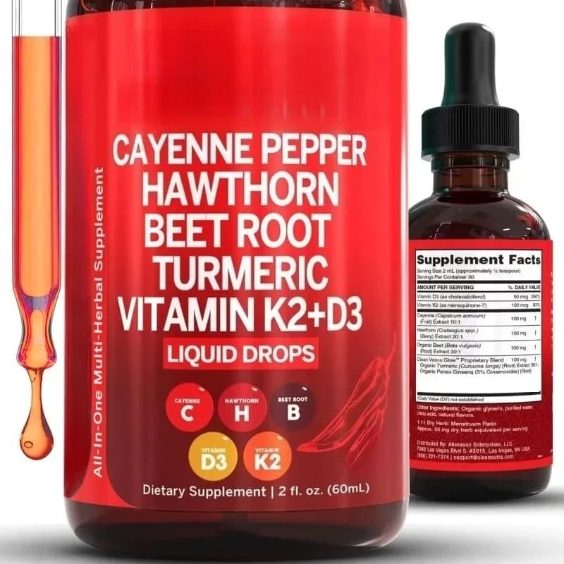 Clean Nutra Liquid Supplement in Cayenna Pepper Drops with Hawthorn Berries, Vitamin D3 K2, Beet Powder, Ceylon Cinnamon, Curcuma