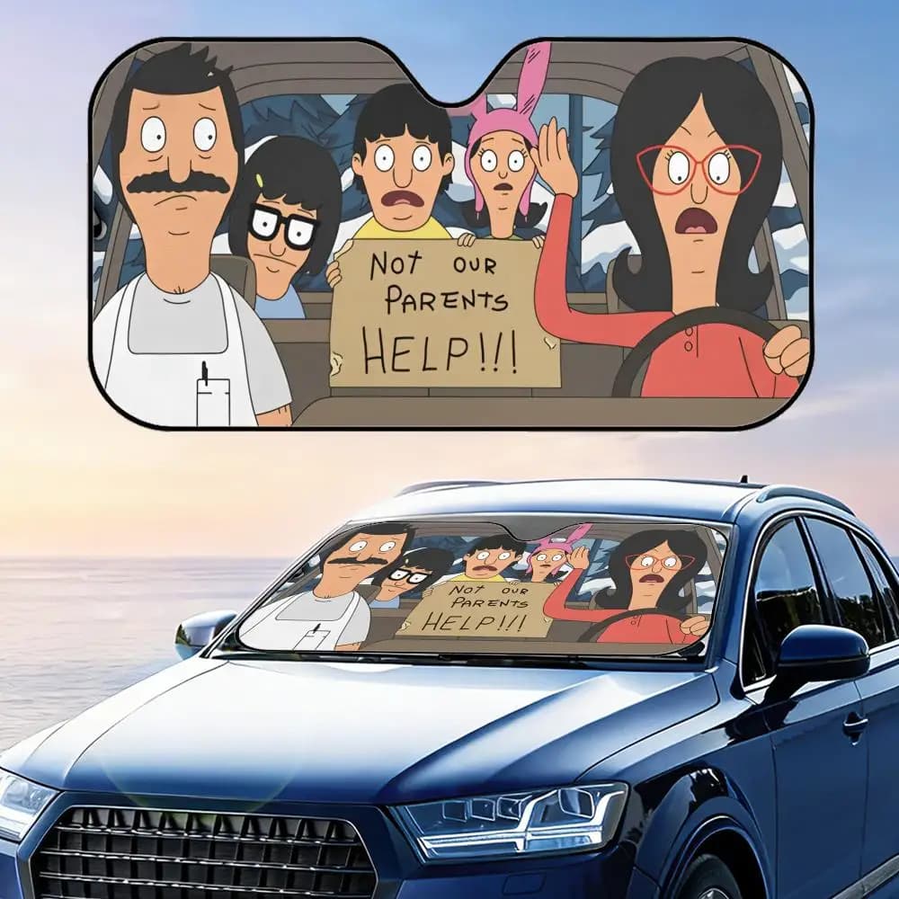 Parasole pieghevole per parabrezza auto Cartoon B-Bob's B-Burgers, protezione UV, isolamento termico riflettente, copertura riutilizzabile