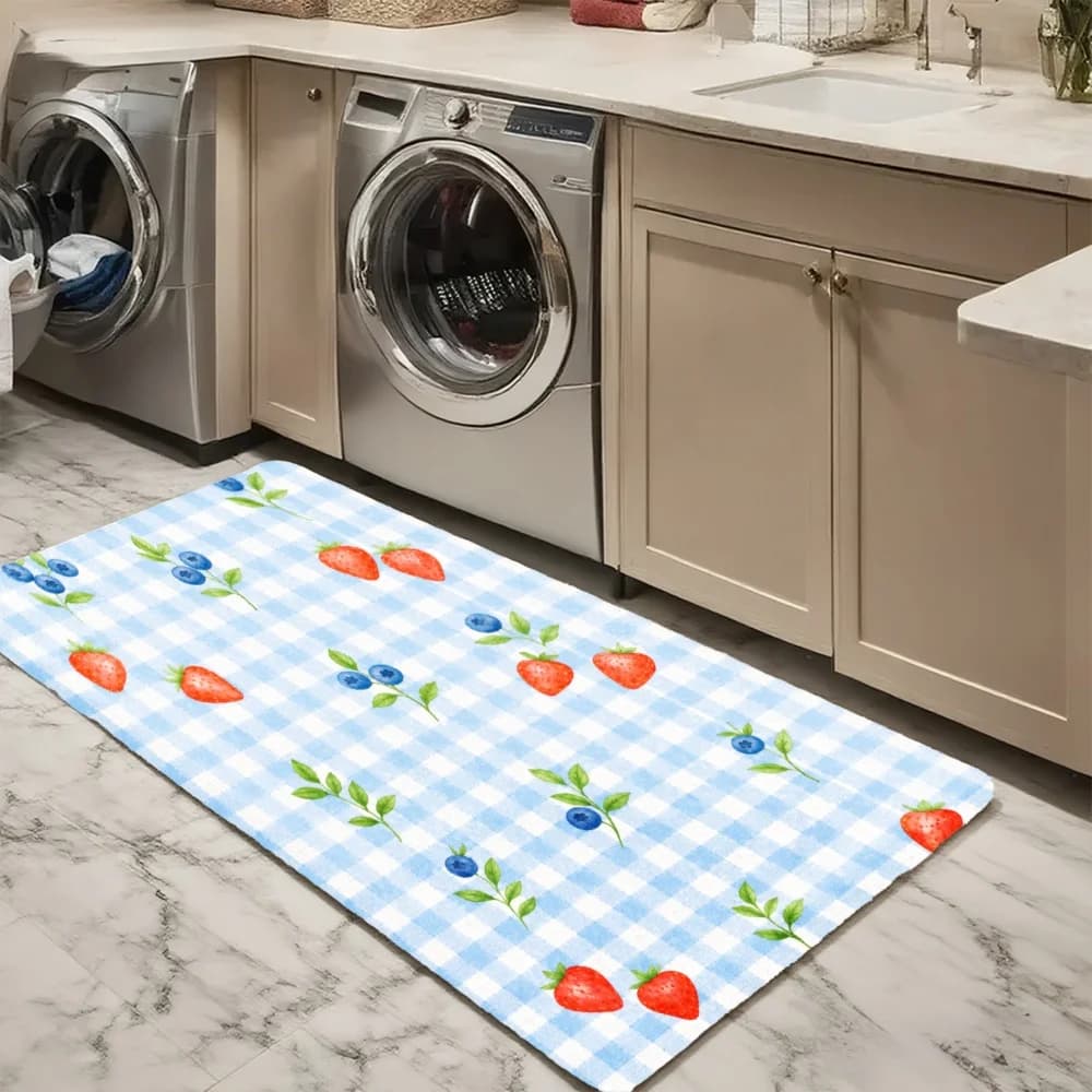 3PCS Mat Set, Home Decoration for Front Door, Kitchen, Blue Checkered Strawberry And Berry Pattern Kitchen Rug.