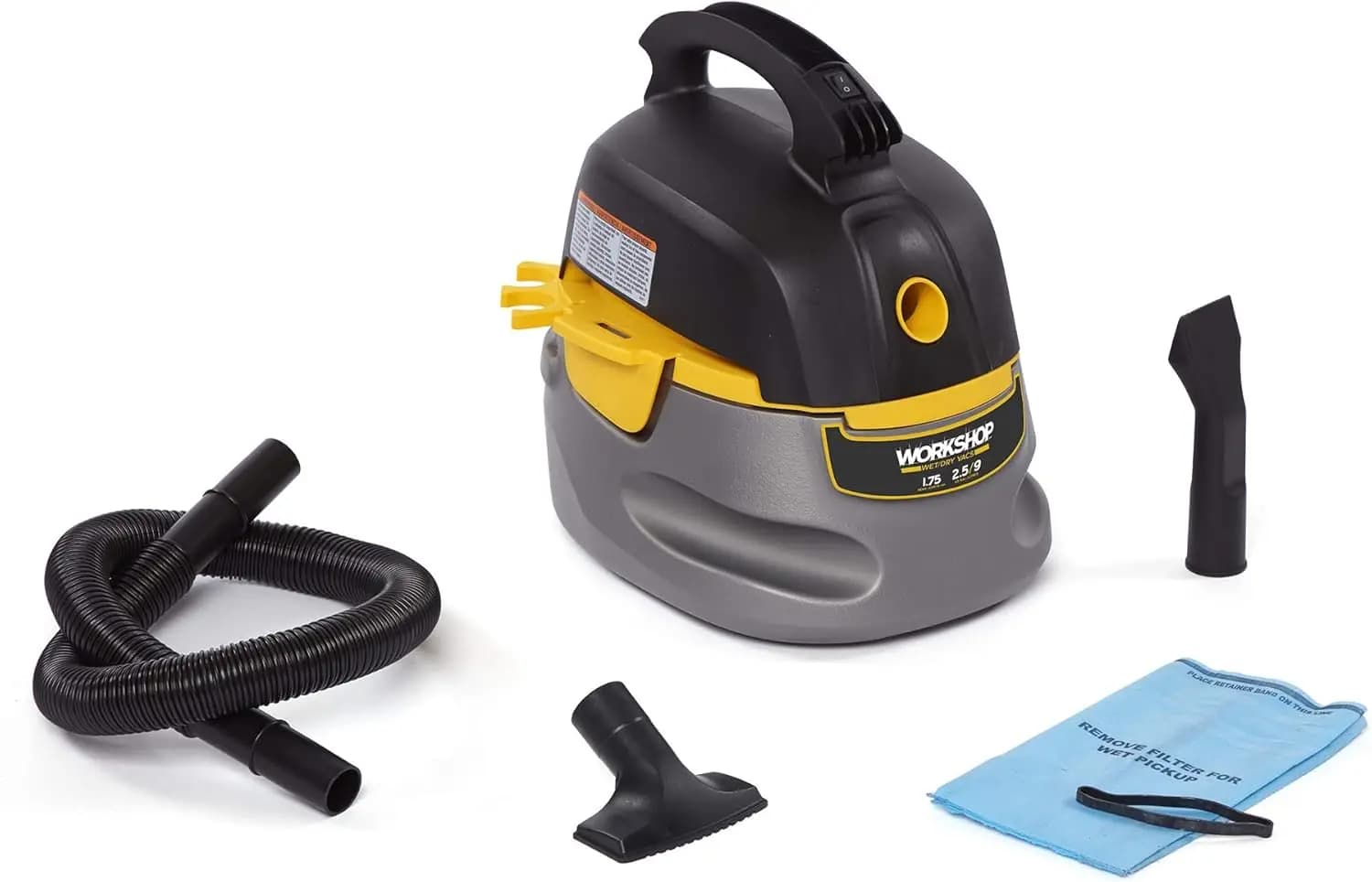 Aspirapolvere Portatile Wet & Dry da 2,5 Galloni con Potenza di Picco di 1,75 HP, Sacchetto Filtro, Tubo e Accessori