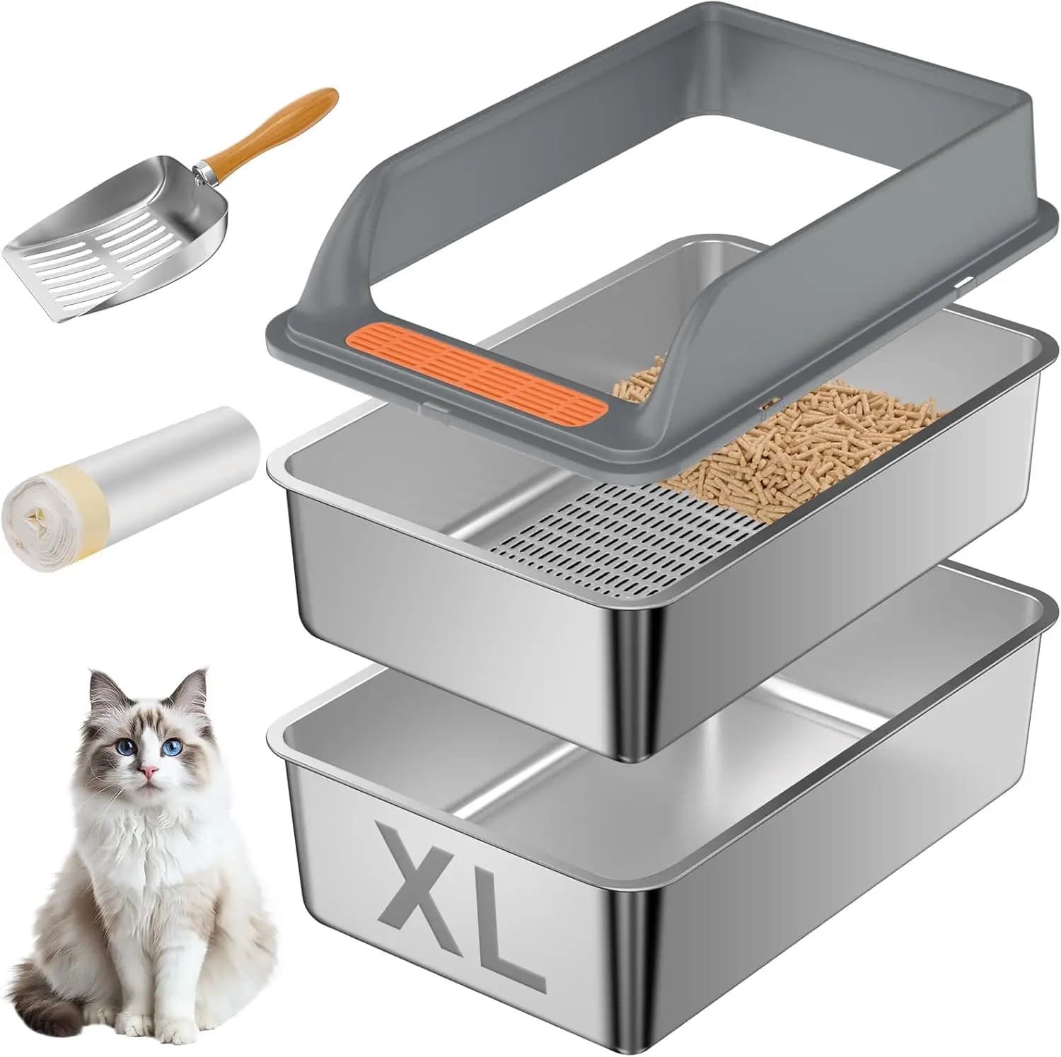 Lettiera per Gatti Extra Large in Acciaio Inossidabile con Coperchio per Pellet di Pino, Controllo Odori e Facile Pulizia