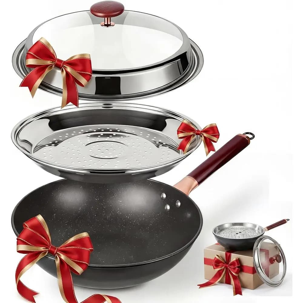 13.07 Carbon Steel Wok Powders with Cover: China Profound Anti-Fry For Stir-Fry, Compatible with Induction, Thermal Insulating Handle