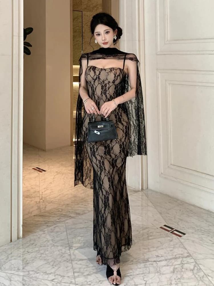 Nuovo Abito Lungo Nero in Pizzo da Donna con Mantella, Elegante e Sexy, Vestito Aderente con Scollatura Profonda, Abito da Sera Formale