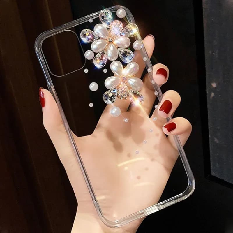 Pearl Flower Case for iPhone 16, 14, 13 Pro, 12 17 Air Mini, 15, Max, XS, XR, Luxury Rhinestone Diamond, 16Plus
