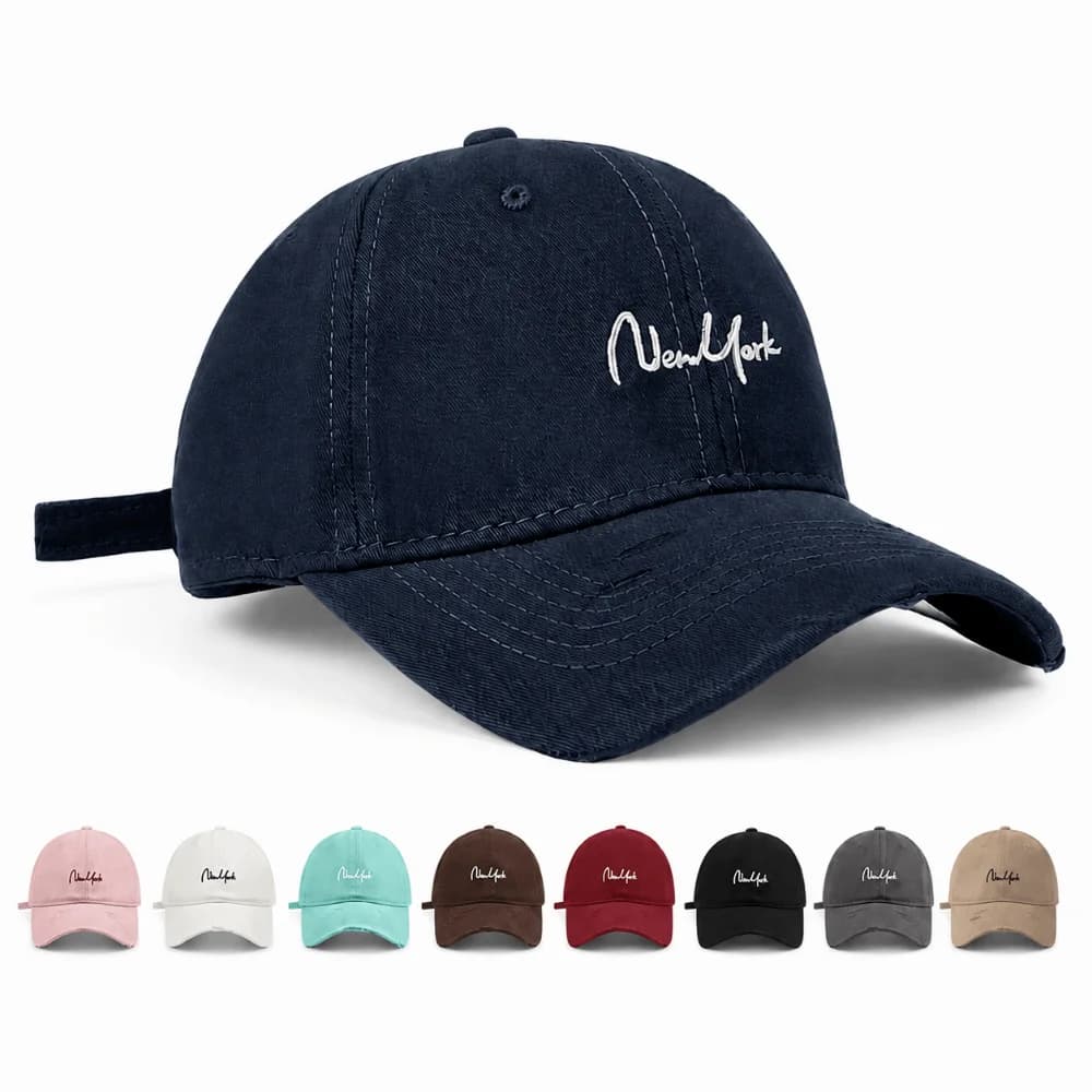 Adjustable New York Baseball Cap Cotton Deep Crown Wide Brim Cap Cursive Embroidery Large Head Friendly Curved Brim Hat