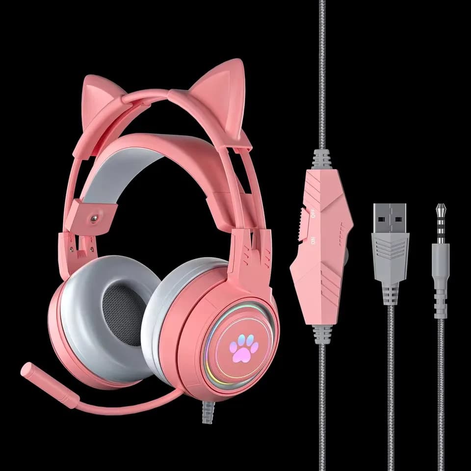Pink Gaming Headphones for PC/PS4/PS5/Laptop, 3.5mm with Noise Reduction, Microphone with Noise and LED Light for Girls and Women